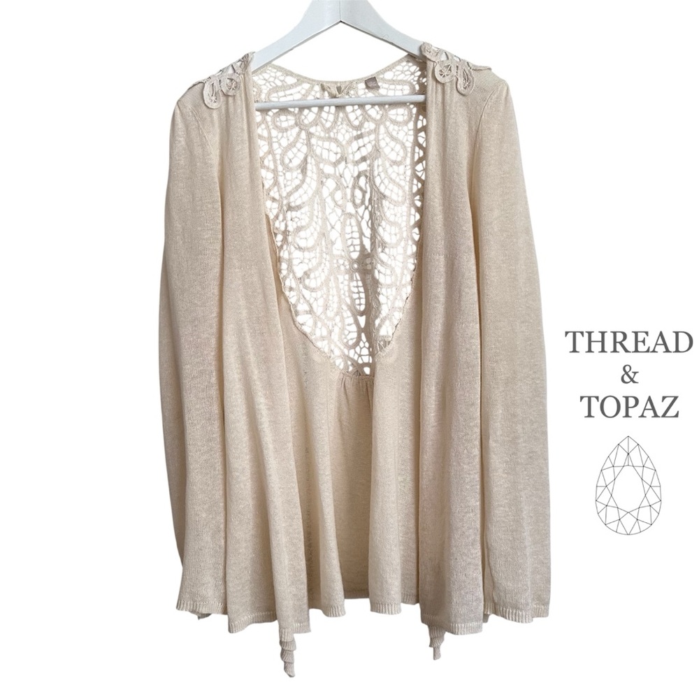 Anthropologie Knitted & Knotted Cardigan Linen Blend Lace Sweater Large